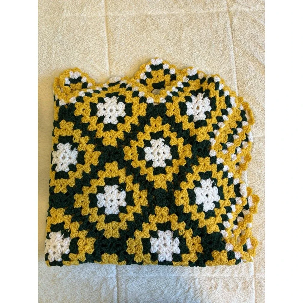 Green Bay Packers Inspired Afghan Granny Square 36x70” Blanket Green Gold EUC